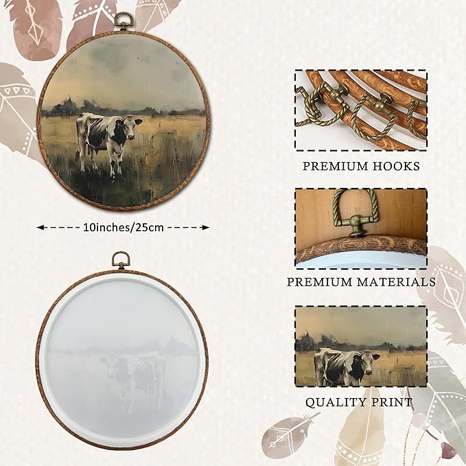 DEQSX Vintage Farmhouse Cow Round Wall Art, Rustic Country Cottagecore Landscape Farm Animals Wall Decor Canvas Prints Posters for Home Bedroom Living Room, 10x10 Inches
