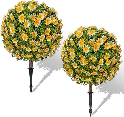 25" Artificial Topiary Ball Fall Tree with Yellow Daisy，Fake Mums Plants with Ground Spike，Set of 2 UV Resistant Faux Bushes, Fake Shrubs for Garden, Patio, Porch, Yard, Indoor