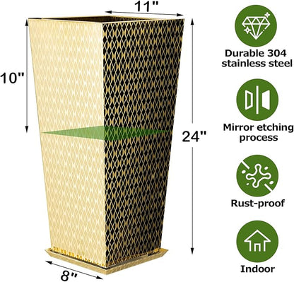 Luxury Stainless Steel Golden Taper Tall Planter Box Set of 2 with Mirror Etching No Coating 24”H Top 11” Bottom 8”,Decrative Pot Indoor, Modern Décor for Home,Office,Tall Plants,Trees,Flowers
