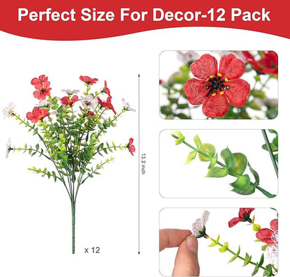 Artificial Fake Plants Flowers for Outdoor Spring Summer Decor, 12 Bundles Faux Silk Daisy for Planter Pot Colorful UV Resistant Look Real for Front Door Porch Patio Outside Yard(Red White)