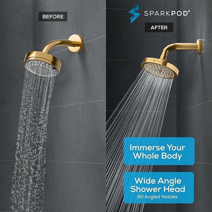 SparkPod Shower Head - High Pressure Rain - Premium Quality Luxury Design - 1-Min Install - Easy Clean Adjustable Replacement for Your Bathroom Shower Heads (Egyptian Gold, 6 Inch Round)