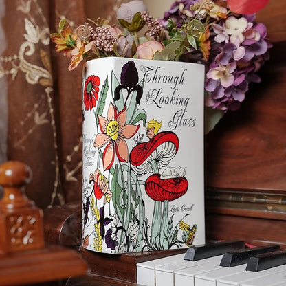 Ceramic Book Vase for Flowers, Home Decor - Cute Bookshelf Decor, Book Lovers Gift - Unique Large Accent for Bedroom/Office (Through The Looking Glass)