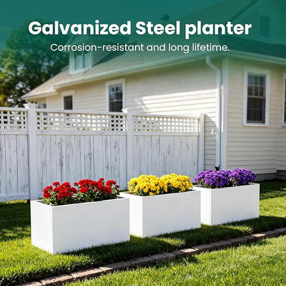 White Steel Rectangular Planter Metal Outdoor Indoor Planter Box 31.5" L x 16" W x 16" H Galvanized Steel Large Rectangle Planters Modern Commercial Residential for Trees Patio Yard Garden