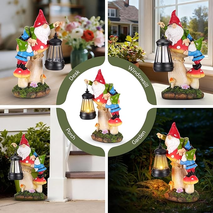 Garden Gnomes Outdoor Statues with Light, Gnomes Decorations for Yard, Solar Garden Gnome Climbing on Mushroom, Lawn Ornaments for Patio, Balcony Housewarming- Unique Women Gifts