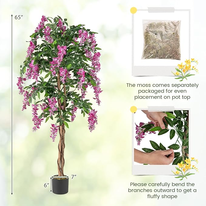 Goplus 5.5FT Ficus Artificial Tree, Faux Wisteria Tree in Nursery Pot with Blooming Flowers, Fake Potted Tree Greenery Floor Plant for Indoor Home Office Porch Living Room Decor