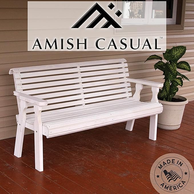 Amish Casual Heavy Duty 5 Foot Roll Back Outdoor Bench in White Stain - Amish Made in The USA from Treated Pine for Outdoor Durability, 700 Lb Weight Capacity