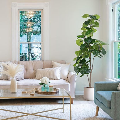 Artificial Fiddle Leaf Tree, 6ft Faux Plant Fake Ficus Lyrata Trees with White Planter, Artificial Fig Trees Floor Plants for House Office Living Room Indoor Home Decor, Housewarming Gift