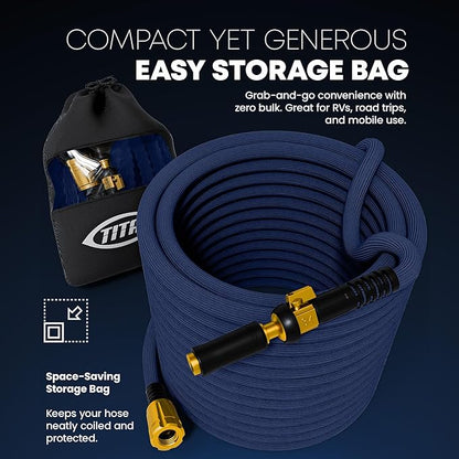 TITAN Flexible Garden Hose 65FT – Ultra Lightweight, Heavy Duty Water Hose with Brass Fittings & Jet Nozzle – Kink-Free, Non-Expanding, Durable Fabric Hose for Yard, Lawn, Car Wash, Outdoor Use