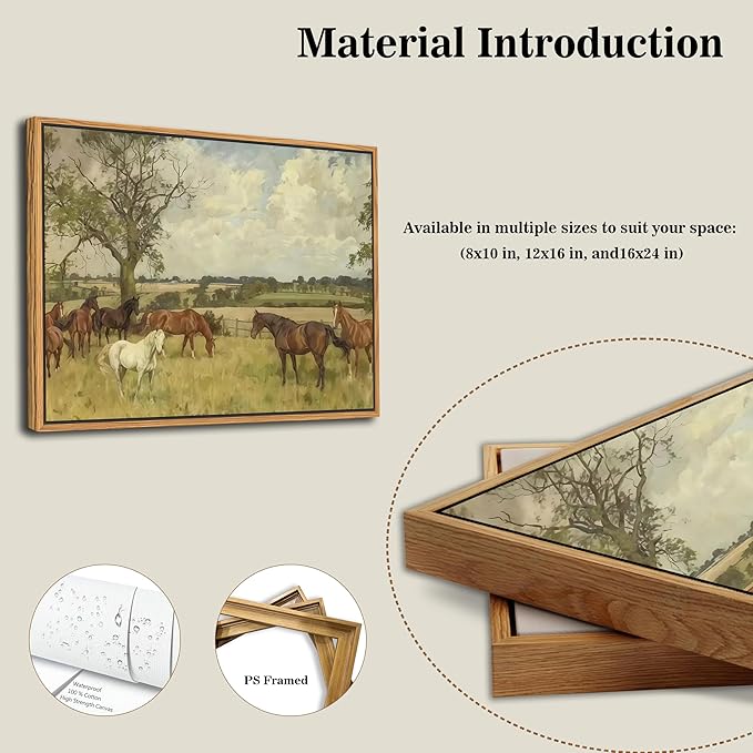 SAMHOU Floating Framed Canvas Wall Art, Vintage Nature landscape Picture Wall Decor, Majestic Brown Horse in The Countryside Poster Prints for Living Room Bathroom Bedroom Rustic Decor 12x16 inch