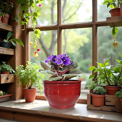 African Violet Pots Self Watering Round Ceramic Violet Pot (red, 6 inch)