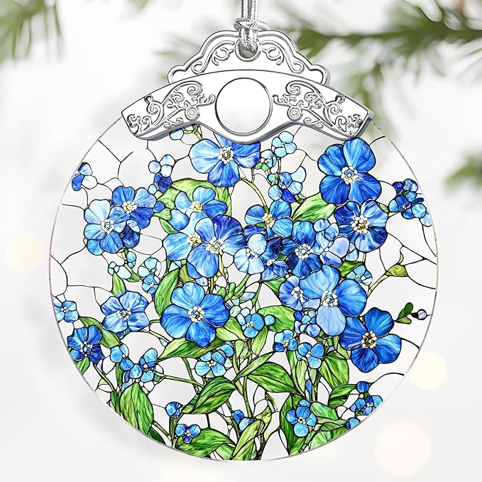 Forget-Me-Not Flowers Ornament – Christmas Decoration & Christmas Ornament; Stained Glass Holiday Decoration (Holiday Present, Bauble Present, Gift Idea, Gift Exchange) | Heirloom Keepsakes