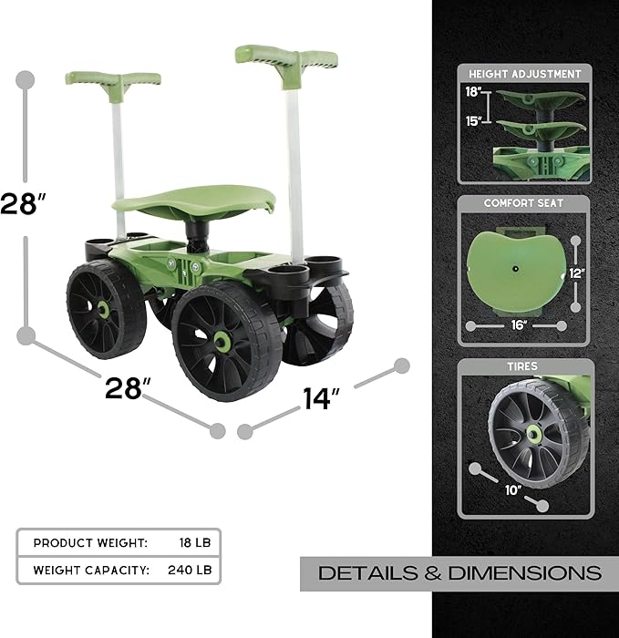 TheXceptional Wheelie Easy-Up | Wheeled Garden Stool with Handles Relieve Pain Getting Up and Down | Gardening Work-Seat with Wheels for Elderly Seniors | Made in USA by Vertex | Model EX530