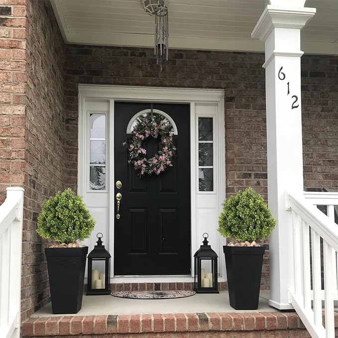 24" Faux Boxwood Plants Outdoor, Artificial Topiary Ball Trees Set of 2, UV Resistant Fake Potted Evergreen Realistic Greenery Bushes Shrubs for Outside Front Porch Planter Patio Indoor Decor 2ft Tall