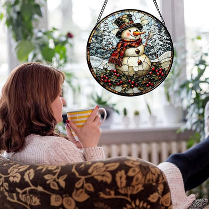 Stained Glass Window Hanging - Christmas Snowman Suncatcher for Door Terrace Garden Home Decor Winter Forest Snow Sun Catcher Birthday Gifts for Lovers Women Men Dad Mom Nana 6.3 in