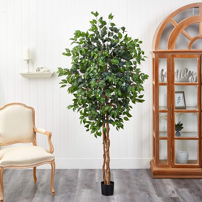 Nearly Natural 6ft Triple Trunk Artificial Ficus Tree with Natural Wood Trunks, Fake Tree for Indoor Home Décor, Faux Ficus Tree with Black Nursery Pot