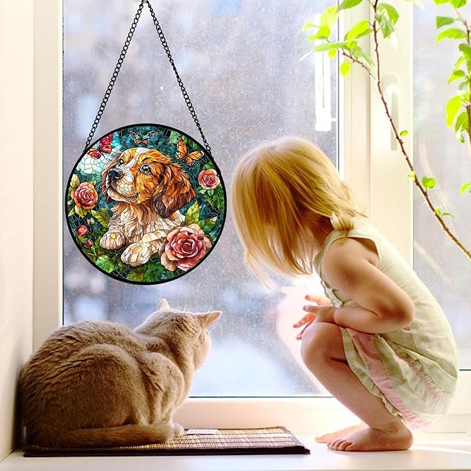 Stained Glass Window Hanging, Dog and Rose Suncatcher for Doors Home Butterfly Sun Catchers Decoration and Christmas, Mother's Day Birthday Gifts for Women, Men, and Mom 6.3 in