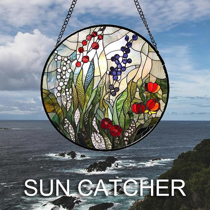 Stained Glass Window Hanging Red Purple Flowers Berry Green Plants Large 15" - Suncatcher Door Garden Sun Catcher Home Decor Birthday Christmas for Mom Men Woman Friend