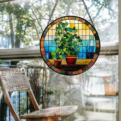 Stained Glass Window Hanging Green Potted Plants Large 11.8" - Suncatcher Door Garden Sun Catcher Retro Home Decor Birthday Christmas for Mom Men Woman Nana Friend