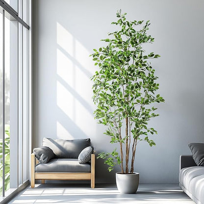 Artificial Ficus Tree Indoor 8ft, Large Potted Faux Tree with Realistic Silk Leaves & Trunk for Home Office, Living Room Corner Decor