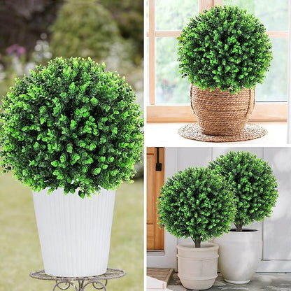 Artificial Green Eucalyptus Topiary Ball Tree 24" with Ground Spike, Set of 2 Artificial Boxwood Bushes for Faux Shrubs, Fake Evergreen Faux Plant for Indoor Outdoor Garden -UV Resistant–Fade-Proof