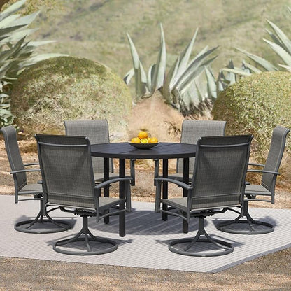 7 Piece Outdoor Dining Set, 47" Black Round Outdoor Dining Table with 6 Grey Swivel Patio Table and Chair Set of 6 for Lawn, Garden, or Porch