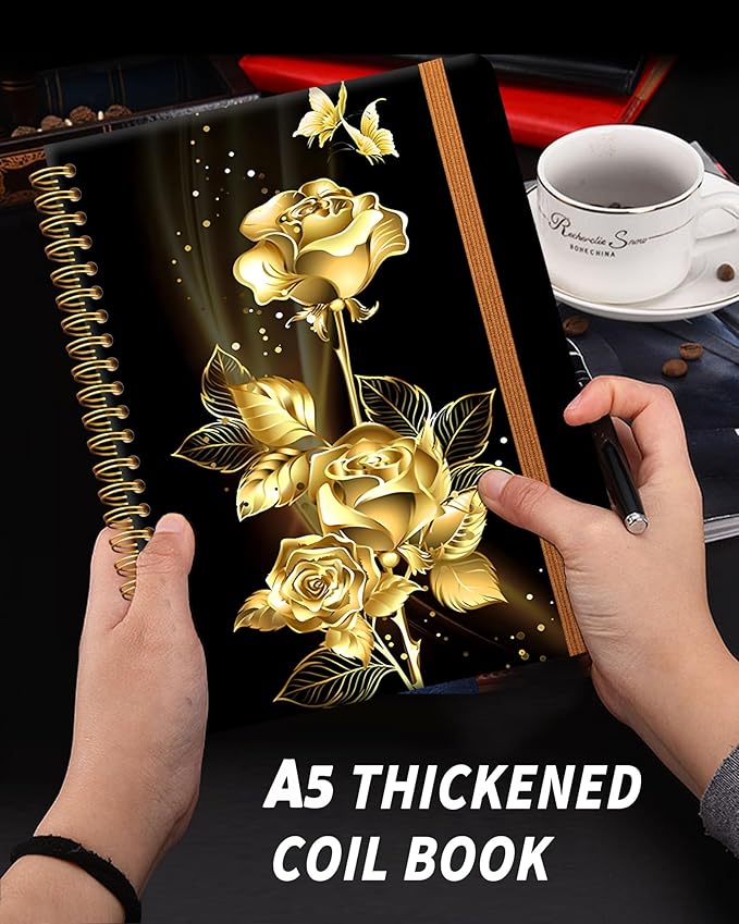 Ruled Spiral Writing Notebook,A5 Hardcover Lined College Journal for Women,Strong Twin-Wire Binding with Premium Paper,8.4" X 6",Perfect for School,Office,Home(Gold Butterfly Rose)