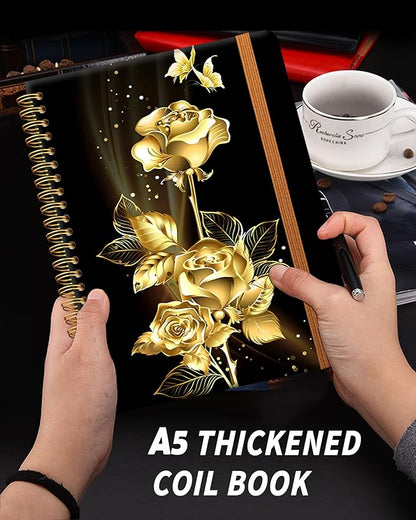 Ruled Spiral Writing Notebook,A5 Hardcover Lined College Journal for Women,Strong Twin-Wire Binding with Premium Paper,8.4" X 6",Perfect for School,Office,Home(Gold Butterfly Rose)