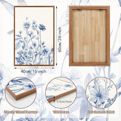 HLNIUC Bule Flower Bird Wall Art Set,Large Canvas Wall Art Blue White Wildflower Poster,Farmhouse Vintage Blue Bird Blossoms Canvas Painting,Botanical Floral Art Print for Living Room Bedroom-16"x24"x3