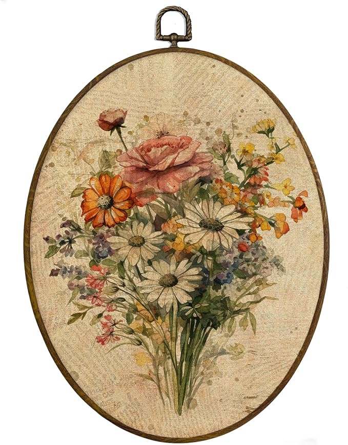 MAQIKA Vintage Floral Oval Framed Wall Art Decor, Botanical Canvas Prints, Farmhouse Flower Oval Wall Hanging, Boho Wall Art for Living Room Bedroom Kitchen, 8.7x11.3 Inch