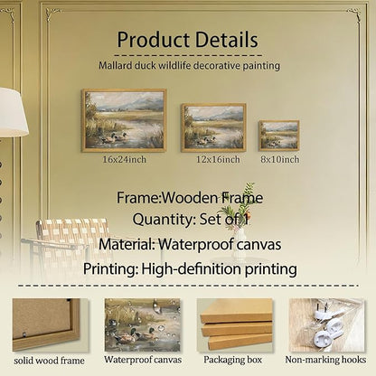 Vintage Countryside Landscape Canvas Wall Art – Mallard Ducks Wildlife Painting, Rustic Nature Decor Print Poster for Living Room Bedroom Farmhouse Wall Decor 8x10 Inch Framed