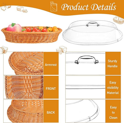 Hushee 2 Set Imitation Rattan Bread Basket with Lid Wicker Bread Baskets for Serving Woven Fruit Basket with Cover Oval Food Baskets for Food Vegetables Display(15.75 x 11.81 Inch)