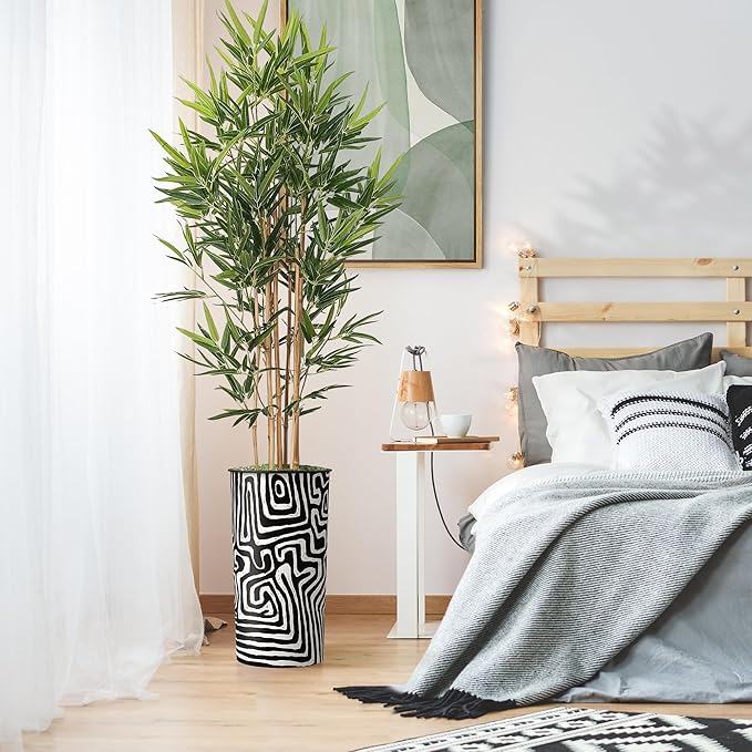 Artificial Tree in Modern Geometric Pattern Planter, Fake Bamboo Silk TRE for Indoor and Outdoor Home Decoration - 70" Overall Tall (Plant Pot Plus Tree)