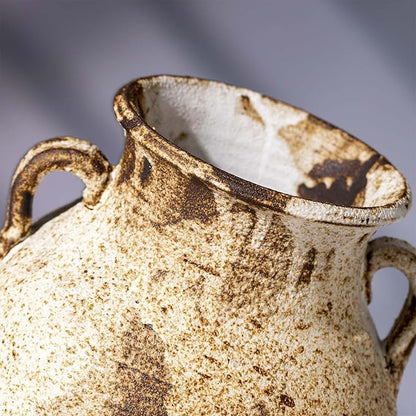 Pottery Vase - Vintage Rustic vase, 10" White Farmhouse Weathered Terracotta Vases, Handmade Clay Vase with Two Handles, Tall Textured Antique vases for Home Decor, Entryway, Fireplace Mantel Deco