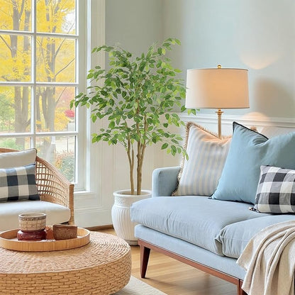 Tall UV Resistant Ficus Tree Artificial，4ft(48in) Faux Ficus Tree with Realistic Smooth and Shiny Leaves， Fake Trees Indoor Outdoor for Home Office Living Room Bedroom Foyer Porch Decor.
