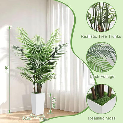 5FT Fake Plant Artificial Palm Tree Indoor Decor – Faux Plants Indoor Tall with White Planter – Artificial Tree Floor Plant for Living Room Office Home