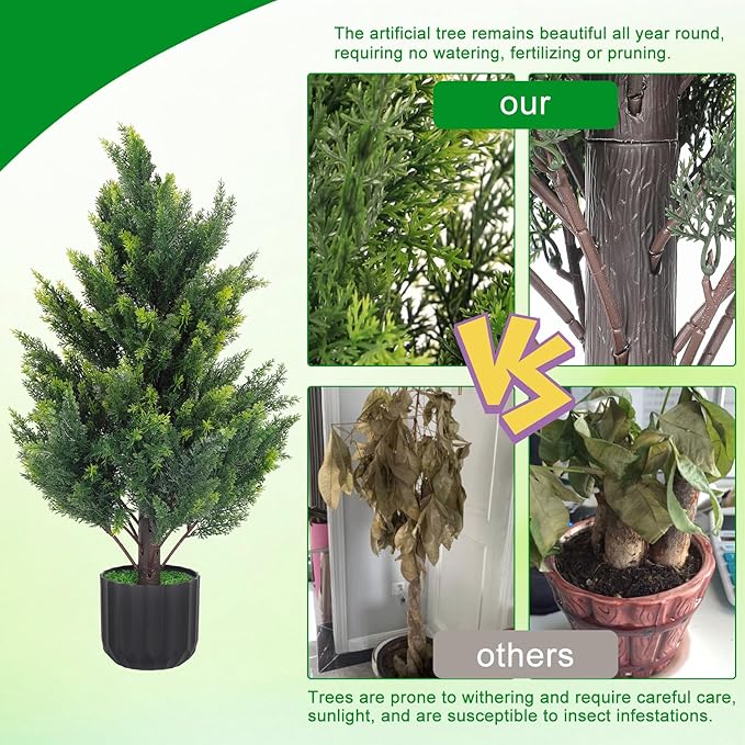2.3FT Tall Artificial Cedar Topiary Trees Set of 2, Artificial UV Resistant Potted Plants, Faux Bushes Fake Shrubs for Outdoor Indoor Home Entryway Front Porch Garden Patio Offices Living Room Decor