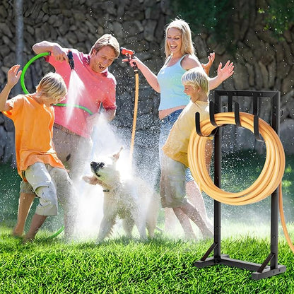 Heavy-Duty Garden Hose Holder with Stable Base and Tool Hooks, Freestanding Metal Hose Hanger Garden Hose Storage Holds 151Ft Hose, Rustproof Water Hose Holder for Outside Yard Lawn, Black