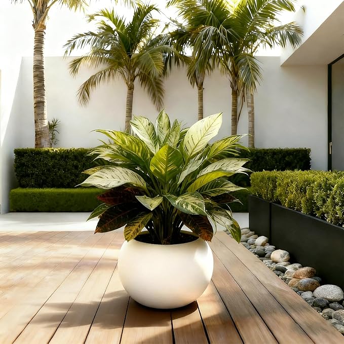 15.8”Dx12.2”H Lightweight Durable Modern Plastic Sphere Planter with Drainage Hole & Rubber Plug Weather Resistant,Planters for Indoor Plants & Outdoor,Large Plant Pot,(White, 10.4" Pot Opening)