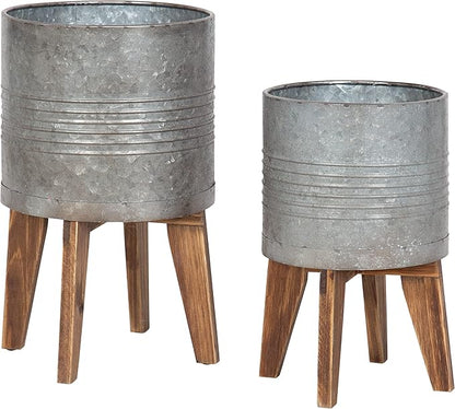 Kate and Laurel Gavri Farmhouse Galvanized Metal and Wood Tabletop Planter Set, 2 Piece, Decorative Metal Planter Centerpiece for Table