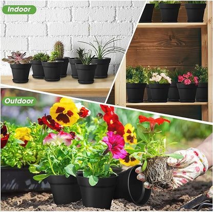 Mumufy 54 Pack 4 Inch Plant Pots Bulk Small Planter with Drainage Hole and Saucer Small Plastic Pots for Flowers Succulent Cactus and All House Indoor(Black)