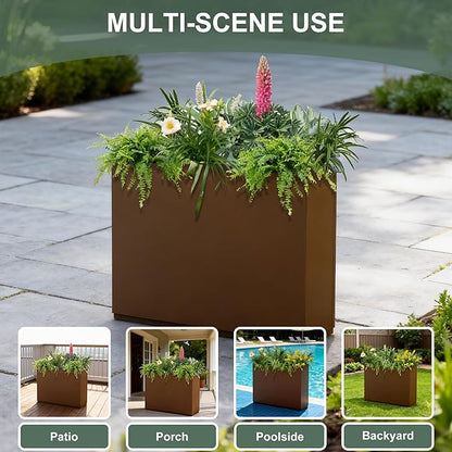 Metal Rectangular Planter Box for Outdoor Plants, Flowers, Tall & Long Planters with Drainage Holes, All-Weather Use (35" L x 9" W x 26" H, Brown)