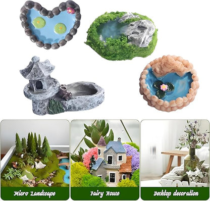 4 Pcs Miniature Pond Landscape Terrarium Decor – Vintage Micro Fairy Garden, Chinese Style Ornaments with Realistic Design for Dollhouse, Tabletop DIY Scene, Fish Tank, and Tiny Garden Figurines