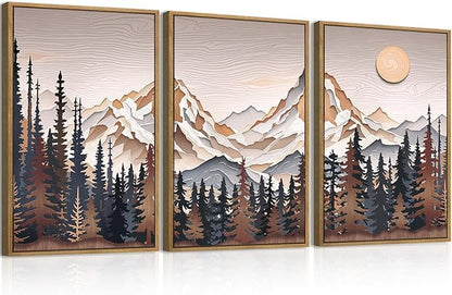Anyzal Large Mountain Wall Art Pine Tree Forest Wall Decor Modern Abstract Mountain Range Painting Set of 3 for Living Room Bedroom Office 16x24 Inch