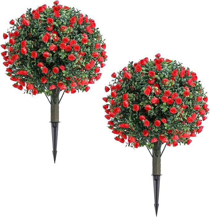 23 Inch Artificial Rose Topiary Balls Tree, UV Resistant Faux Boxwood Trees with Ground Spike, Perfect for Indoor & Outdoor Garden, Porch, Front Door, and Home Décor, Set of 2