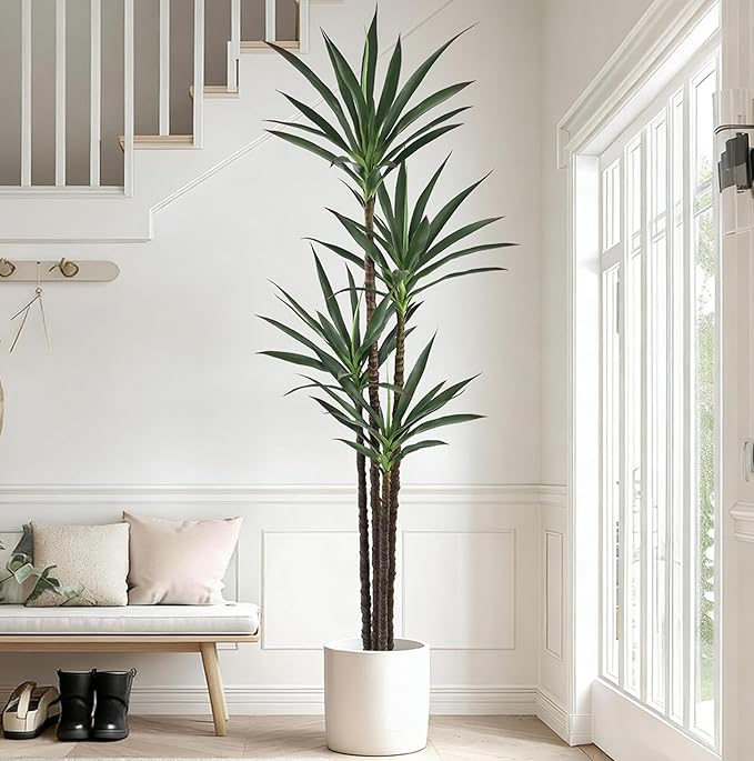 Artificial Agave Tree 7FT with 60 Leaves & 4 Trunks & Elegant Black Pot Realistic Tall Large Fake Faux Modern Tree 84 Inch for Indoor Home Office Porch Store Corner Decor Housewarming Gift