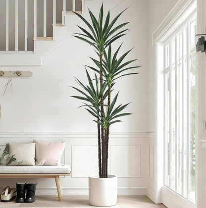Artificial Agave Tree 7FT with 60 Leaves & 4 Trunks & Elegant Black Pot Realistic Tall Large Fake Faux Modern Tree 84 Inch for Indoor Home Office Porch Store Corner Decor Housewarming Gift