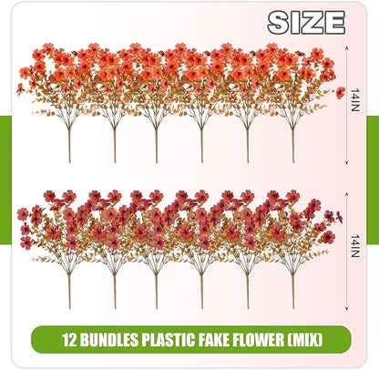 12 Bundles Fake Mums Fall Flowers Artificial for Outdoors Decoration Artificial Mums Faux Plants Daisy for Outdoor Outside Planters UV Resistant Violets for Fall Decor Home Porch Door Front Patio Yard