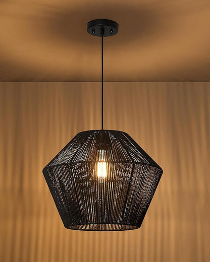 ELYONA 16.5” Large Modern Woven Chandelier Farmhouse Coastal Pendant Light Fixtures Matte Black Handwoven Rattan Basket Shade Boho Pendant Hanging Lamp for Kitchen Dining Room Bedroom Foyer Hallway
