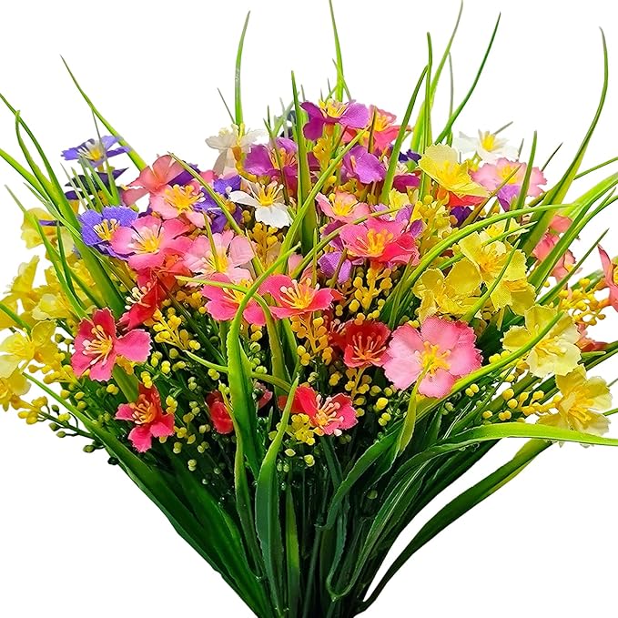 Artificial Flowers Outdoor UV Resistant 12 Bundles Faux Silk Summer Spring Wildflower Plants Plastic Fake Greenery Shrubs for Outside Planter Porch Window Boxes Garden Decoration