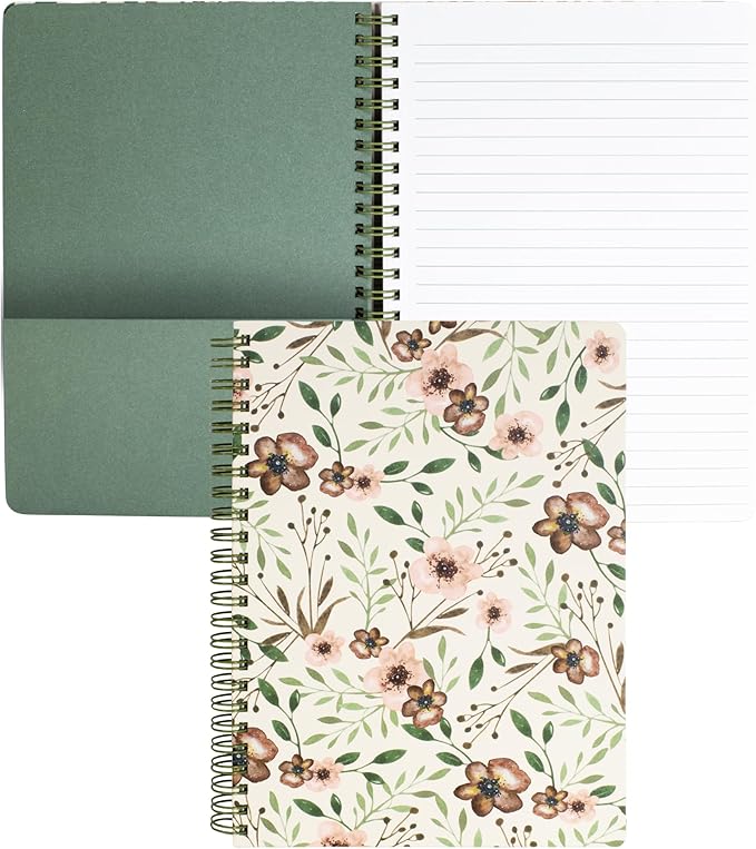 Steel Mill & Co Cute Green Mini Spiral Notebook, 8.25" x 6.25" Journal with Durable Hardcover and 160 Lined Pages, Woodland Floral